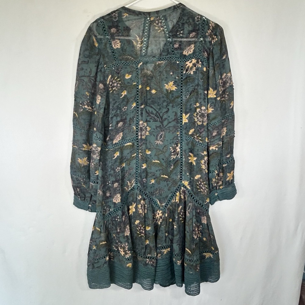 Sundance Otillie Dress Green Jade Floral Lace Boho Peasant Tiered Midi Sz Small